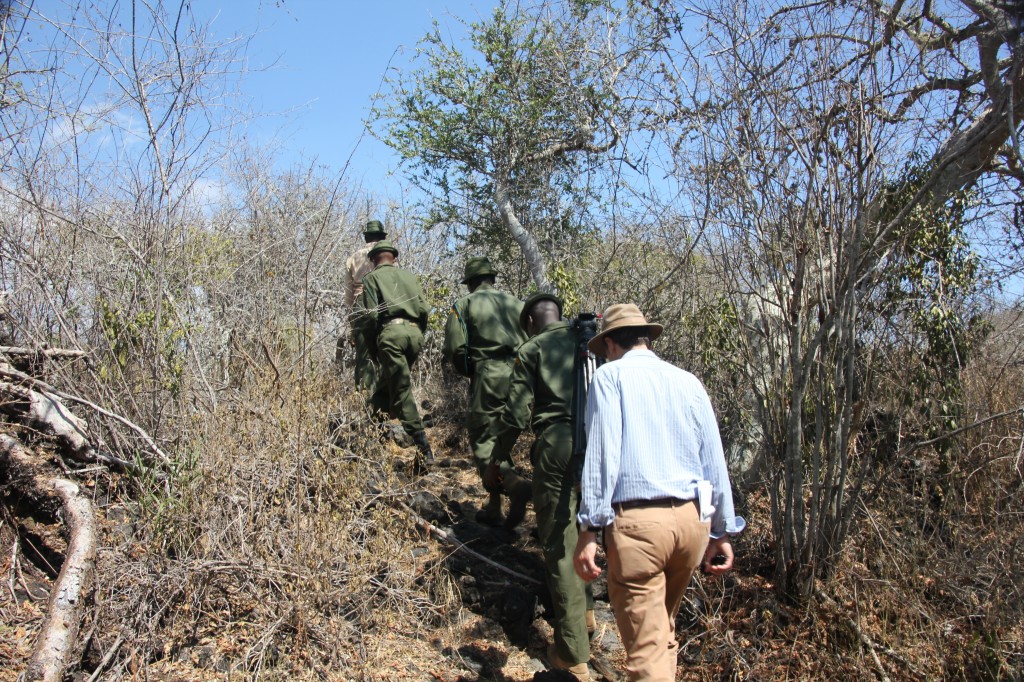 On a hunt for rhinos, senior correspondent Jeffrey Brown follows Big Life rangers in the bush in Amboseli National Park. Big Life rangers track animals in an effort to protect them from poachers. Photo by Molly Raskin