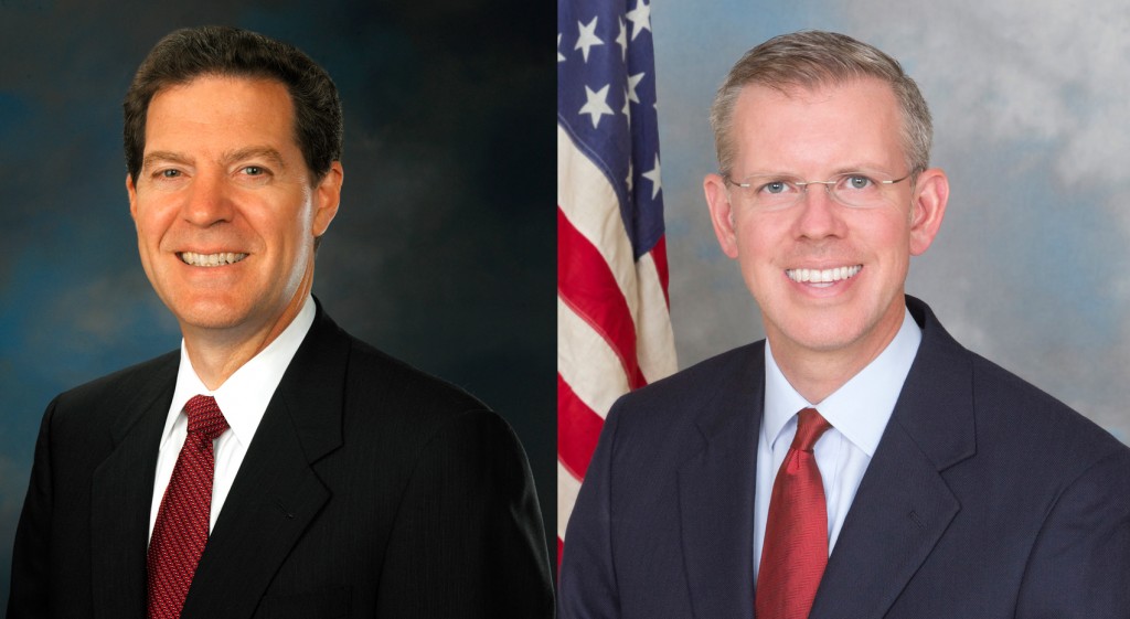 Left: Kansas incumbent Governor Sam Brownback. Photo from Wikimedia Commons. Right: Democratic challenger Paul Davis. Photo from Davis campaign.