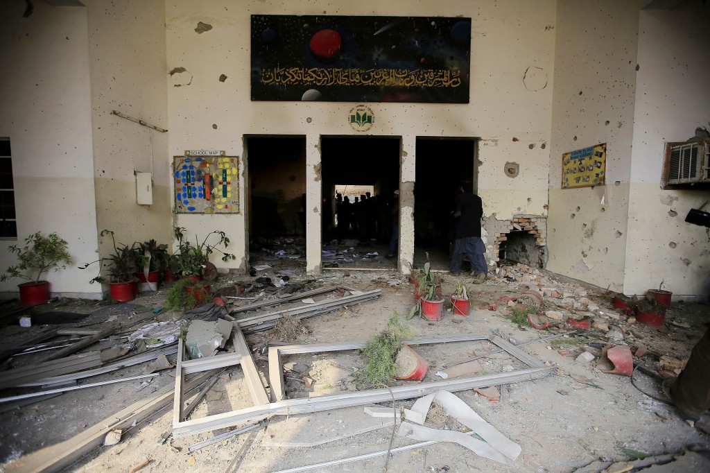 A view of the debris of the army-run school that was attacked by Taliban militants on Dec. 16 in Peshawar, Pakistan. Photo by Metin Aktas/Anadolu Agency/Getty Images