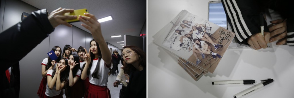 Left: Members of South Korean girl group GFriend take a 'selfie' after their performance in "The Show" in Seoul January 20, 2015. Right: A member of South Korean girl group GFriend signs her autograph on their album in Seoul January 20, 2015. Photo by Kim Hong-Ji/Reuters