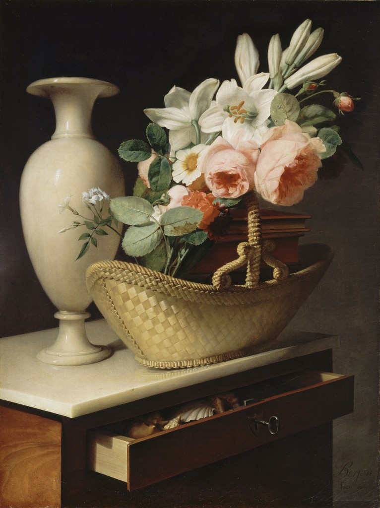 Antoine Berjon (French, 1754-1843) Bouquet of Lilies and Roses in a Basket on a Chiffonier, 1814, oil on canvas, 26 3/16 × 19 1/2 in. Musée du Louvre, Département des Peintures, Paris, RF 1974-10 © RMN-Grand Palais / Art Resource, NY.  Courtesy of the VMFA. 