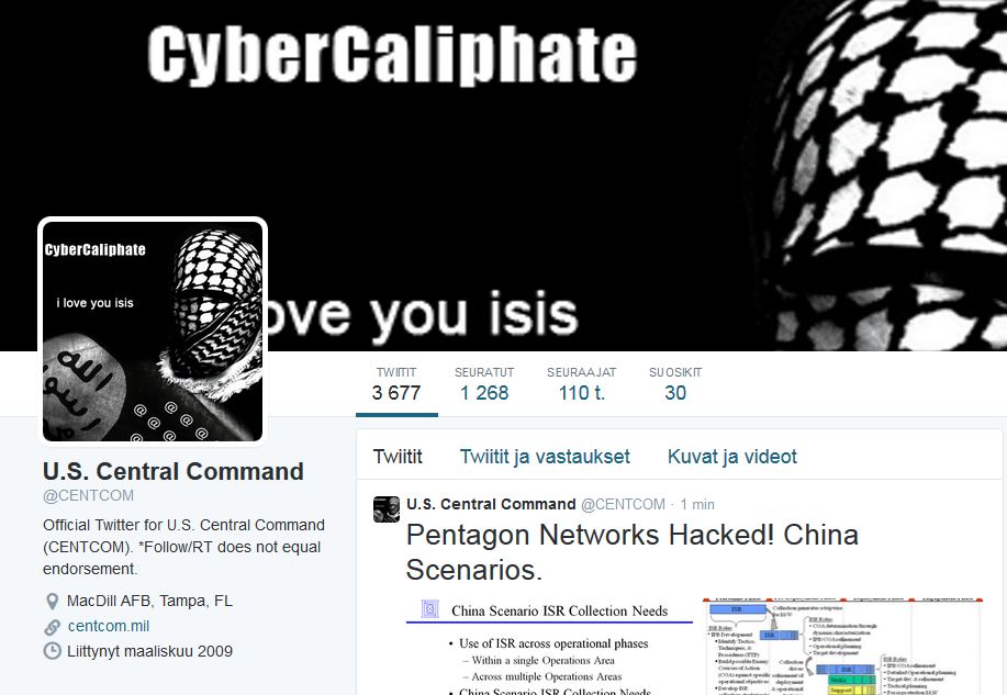 The Twitter profile of U.S. Central Command after a group associated with ISIS hacked it in January