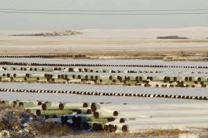 A depot used to store pipes for Transcanada Corp's planned Keystone XL oil pipeline is seen in Gascoyne, North Dakota on Nov. 14, 2014. Photo by Andrew Cullen/Reuters