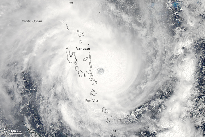 NASA’s Aqua satellite acquired this image of Cyclone Pam on March 13, 2015. Not long after the image was acquired, the storm struck the island of Efate, which is home to Vanuatu’s capital city, Port Vila. Image courtesy of NASA