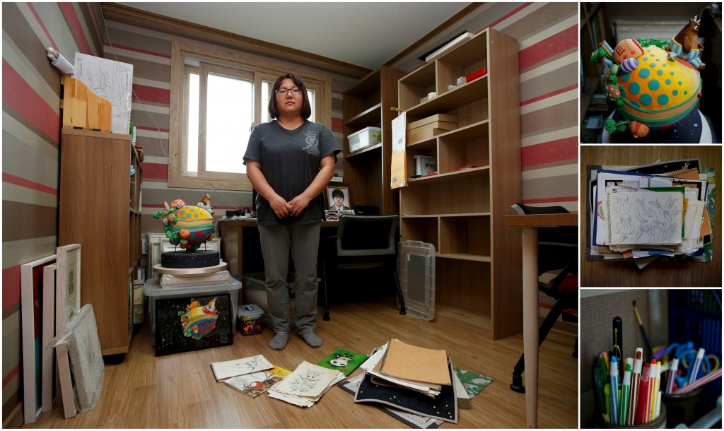 A combination picture shows Kim Mi-hwa, mother of Bin Ha-yong, a high school student who died in the Sewol ferry disaster,  as she poses for a photograph in her son's room, as well as details of objects, in Ansan April 7, 2015. Kim said: "As I see the children, they are all pretty and precious. All of them have a right to be loved and have dreams. Losing these kids is a tremendous loss for our country." Photo by Kim Hong-Ji/Reuters