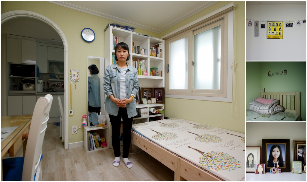 Kim Yu-jeong, mother of Jeon Ha-yeong, a high school student who died in the Sewol ferry disaster, poses for a photograph in her daughter's room, as well as details of objects, in Ansan April 7, 2015. Kim said: "I wish our country could make us feel like it is protecting us. I want to tell Ha-yeongs younger sister about my proud country but I cant these days. We, as adults, have a duty to protect our children. I hope our children grow up well and lead our country in a right direction."  Photo by Kim Hong-Ji/Reuters