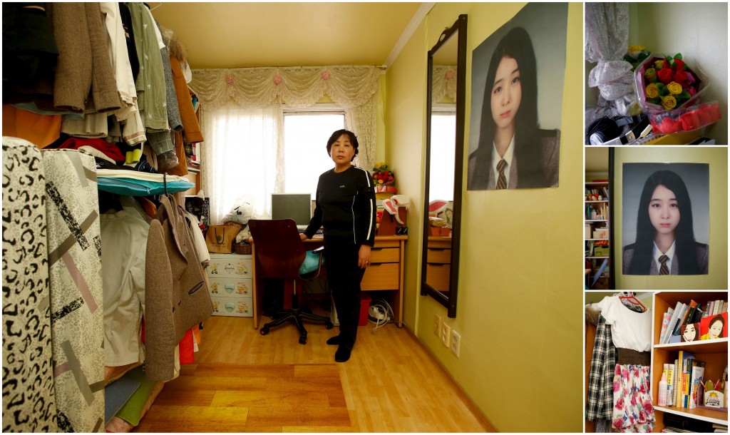 A combination picture shows Ahn Myeong-mi, mother of Moon Ji-sung, a high school student who died in the Sewol ferry disaster as she poses for a photograph in her daughter's room as well as details of objects, in Ansan April 7, 2015.  Ahn said: "My perspective on my country has changed. I thought my country was good. I prayed for it. However, after the disaster, I could not pray for a while." Photo by Kim Hong-Ji/Reuters