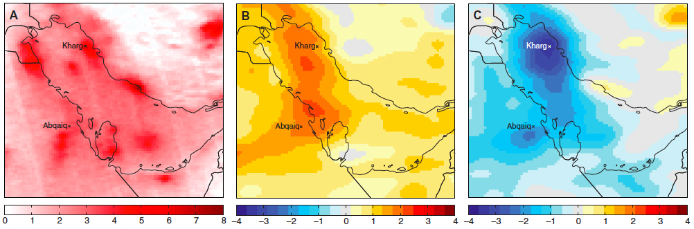 Sulfur dioxide trend reversal over the Arabian Gulf. (A) shows sulfur  column densities averaged over 2005–2014.  (B) shows changes between 2005 and 2010, while (C) portrays changes between 2010 and 2014. Courtesy of Lelieveld et al. Sci. Adv. 2015;1:e1500498