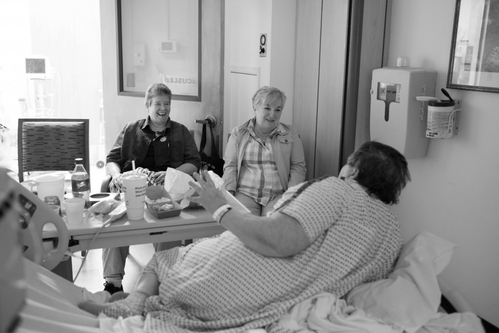 Carol with her friends Kelly, left, and Tina, right. after being admitted for treatment for heart disease at Mount Sinai Hospital, Long Island City, New York City. “My last three years in prison I spent on the RMU [Regional Medical Unit]. It’s like a mini hospital, but it’s really isolating. It’s worse than solitary. No one can visit you because everyone’s in their programs during scheduled visiting hours and you can’t get permission to leave your program. I could see my friends from the screened-in porch but I couldn’t talk to them because you’re not allowed to holler.” Photo and caption by Sara Bennett