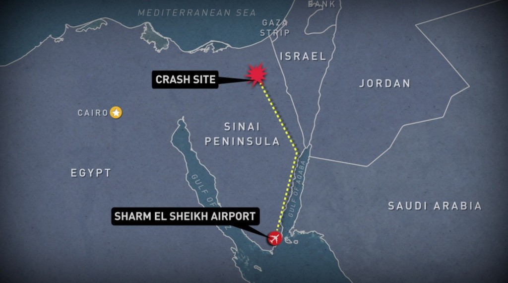 Flight 9268's flight path from takeoff in Sharm el-Sheikh to the crash site. Graphic by Lisa Overton/NewsHour Weekend