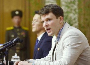Otto Frederick Warmbier, a University of Virginia student who has been detained in North Korea since early January, attends a news conference in Pyongyang, North Korea, in this photo released by Kyodo February 29, 2016. Warmbier was detained for trying to steal a propaganda slogan from his Pyongyang hotel and has confessed to "severe crimes" against the state, the North's official media said on Monday. Warmbier, 21, was detained before boarding his flight to China over an unspecified incident at his hotel, his tour agency told Reuters in January. Mandatory credit REUTERS/Kyodo ATTENTION EDITORS - FOR EDITORIAL USE ONLY. NOT FOR SALE FOR MARKETING OR ADVERTISING CAMPAIGNS. THIS IMAGE HAS BEEN SUPPLIED BY A THIRD PARTY. IT IS DISTRIBUTED, EXACTLY AS RECEIVED BY REUTERS, AS A SERVICE TO CLIENTS. MANDATORY CREDIT. JAPAN OUT. NO COMMERCIAL OR EDITORIAL SALES IN JAPAN. - RTS8H5O