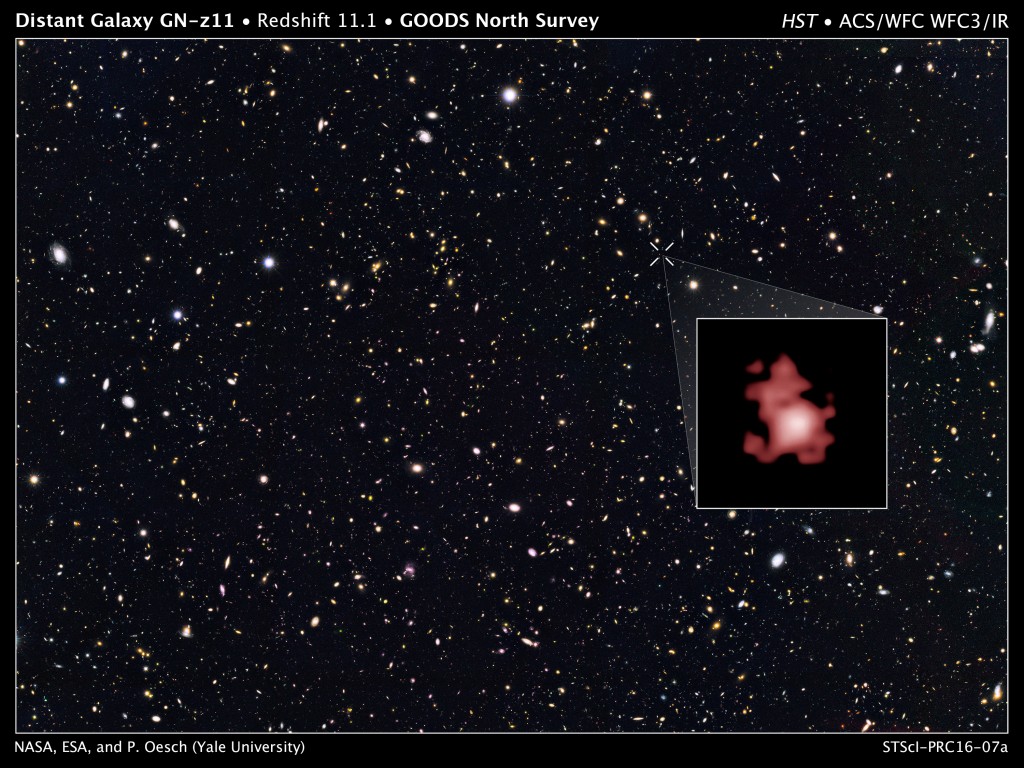 Hubble Space Telescope image shows the Galaxy GN-z11, shown in the inset, as it was 13.4 billion years in the past, just 400 million years after the big bang, when the universe was only three percent of its current age, in this image released by NASA on March 3, 2016. The galaxy is ablaze with bright, young, blue stars, but looks red in this image because its light has been stretched to longer spectral wavelengths by the expansion of the universe. Astronomers said on March 3, 2016 they had discovered a galaxy that formed just 400 million years after the Big Bang explosion, the most distant galaxy found to date. Handout via Reuters 