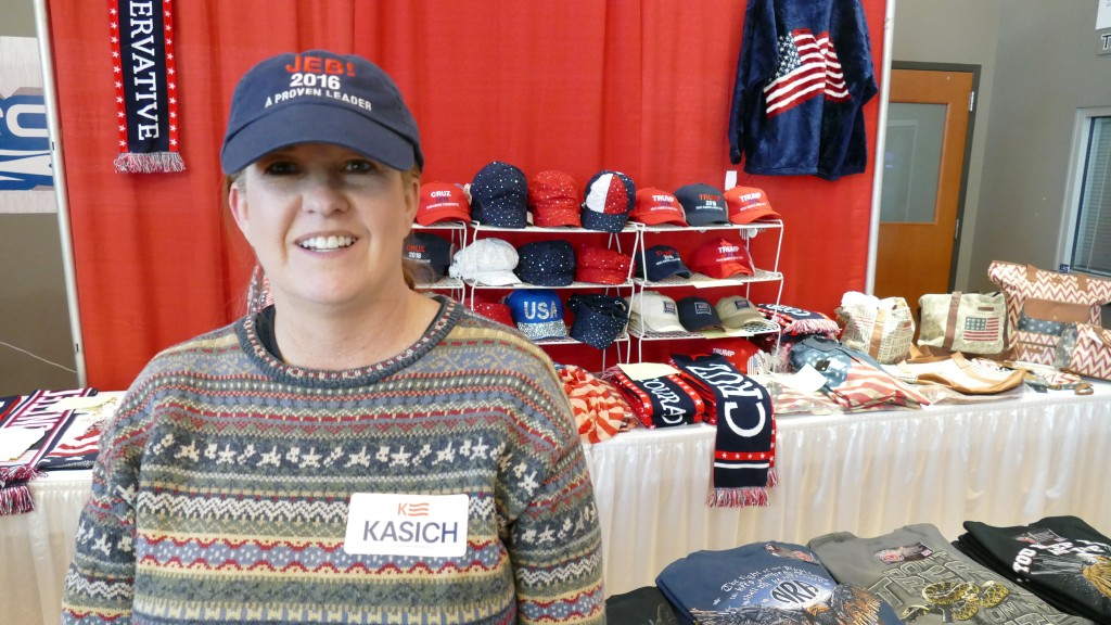Robin McNamara in front of her stall at the state Republican Party convention in Fargo, North Dakota. Photo by Daniel Bush