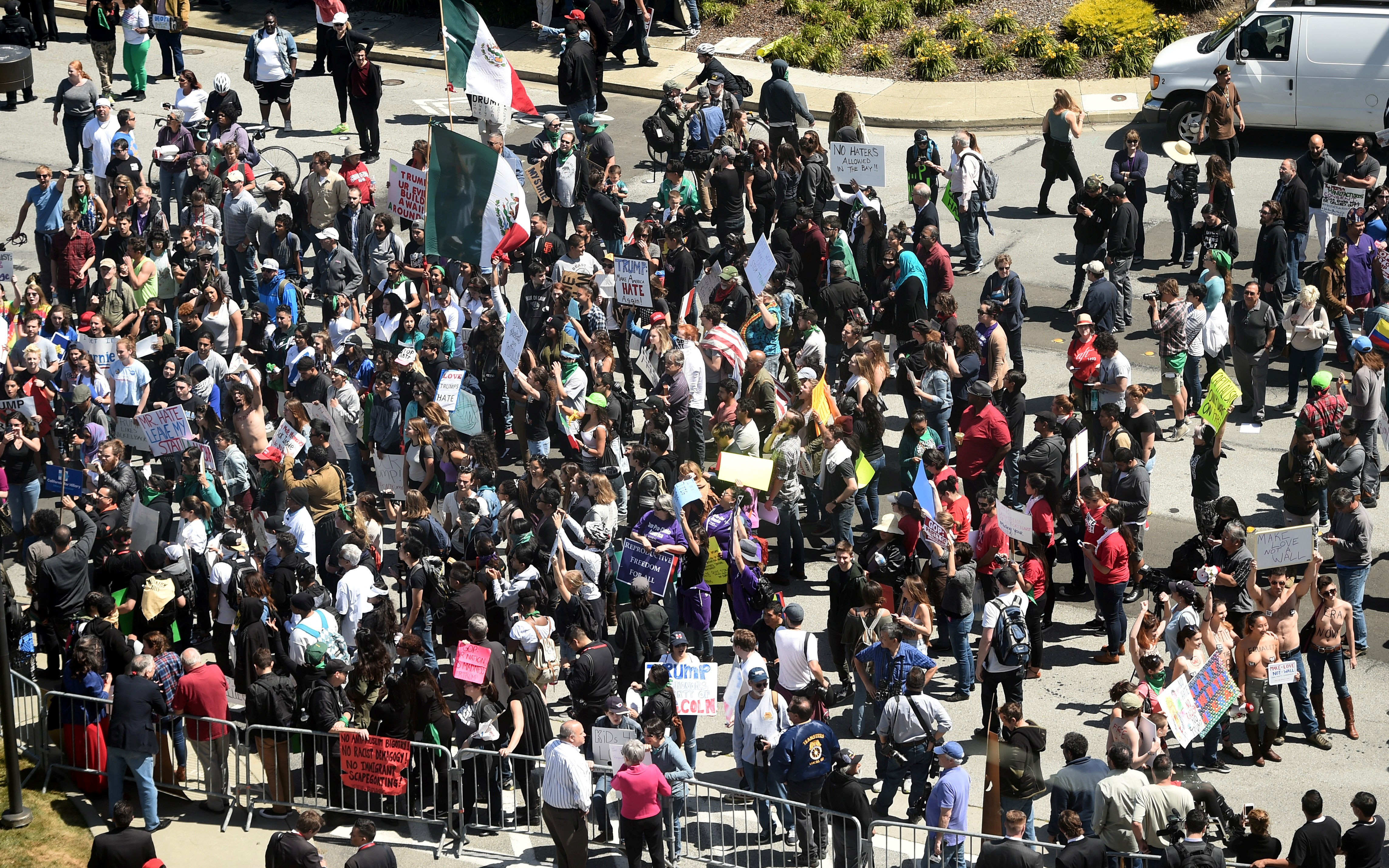 Demonstrators against Republican presidential candidate Donald Trump gather outside in Burlingame, California. Photo by Noah Berger/Reuters