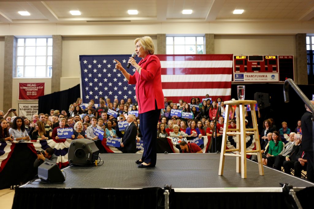Democratic presidential candidate Hillary Clinton speaks at Transylvania University in Lexington, Kentucky, on May 16. Photo by Aaron P. Bernstein/Reuters