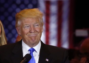 Donald Trump smiles as he speaks at the start of a campaign victory party after rival candidate Sen. Ted Cruz dropped out of the race for the Republican presidential nomination, at Trump Tower in Manhattan on May 3. Photo by Lucas Jackson/ Reuters