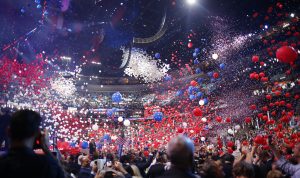 Balloons pour from the ceiling as delegates celebrate after Democratic U.S. presidential nominee Hillary Clinton accepted the nomination on the fourth and final night at the Democratic National Convention in Philadelphia, Pennsylvania, U.S. July 28, 2016. REUTERS/Carlos Barria - RTSK6T7