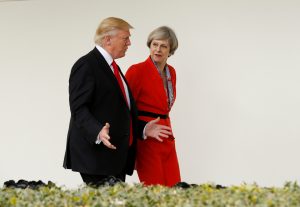 President Donald Trump escorts British Prime Minister Theresa May down the White House colonnade Jan. 27 after their meeting at the White House in Washington, D.C. Photo by Kevin Lamarque/Reuters