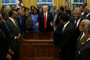 U.S. President Donald Trump welcomes the leaders of dozens of historically black colleges and universities (HBCU) in the Oval Office at the White House in Washington, U.S. February 27, 2017. Photo by REUTERS/Jonathan Ernst.
