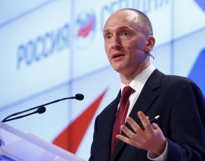 Carter Page, one-time advisor of president-elect Donald Trump, addresses the audience during a 2016 presentation in Moscow, Russia. Photo by Sergei Karpukhin/Reuters