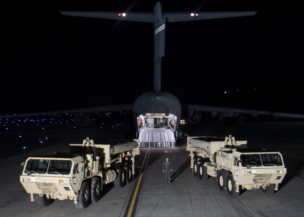 Terminal High Altitude Area Defense (THAAD) interceptors arrive at Osan Air Base in Pyeongtaek, South Korea, in this hando...