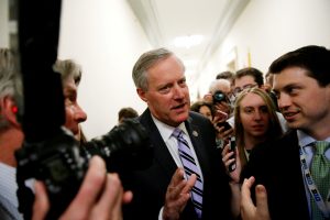 FILE PHOTO: House Freedom Caucus Chairman U.S. Representative Mark Meadows (R-NC) speaks to reporters after meeting with his caucus members about their votes on a potential repeal of Obamacare on Capitol Hill in Washington, U.S., March 23, 2017. REUTERS/Jonathan Ernst/File Photo - RTX334X8