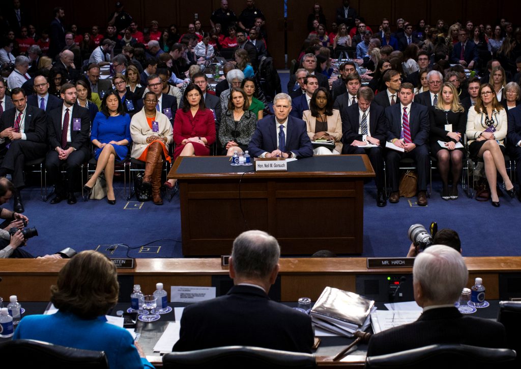Judge Neil Gorsuch, President Donald Trump's nominee for the Supreme Court, on the first day of his confirmation hearing b...