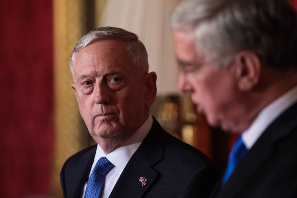United States Defense Secretary James Mattis (L) holds a press conference with British Defence Secretary Michael Fallon (R...