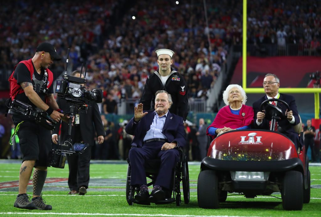 President George H.W. Bush and Barbara Bush arrives for the coin toss prior to February's Super Bowl 51 between the Atlant...