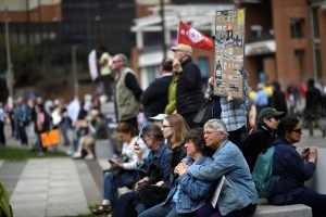 Demonstrators protest in response to President Donald Trump's refusal to make his tax returns public in Philadelphia, Pennsylvania