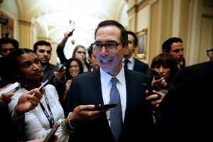 U.S. Secretary of the Treasury Steven Mnuchin departs from a meeting on tax reform with Senate Majority Leader Mitch McConnell (R-KY) (not pictured) and Speaker of the House Paul Ryan (R-WI) (not pictured) on Capitol Hill in Washington, U.S., April 25, 2017. REUTERS/Joshua Roberts - RTS13WVR