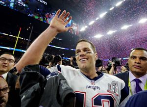 New England Patriots quarterback Tom Brady celebrates after beating the Atlanta Falcons during Super Bowl LI at NRG Stadium in Houston. Photo by Matthew Emmons/USA TODAY Sports via Reuters