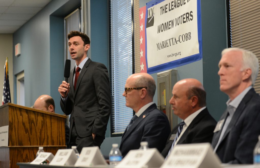 Democratic candidate Jon Ossoff speaks during the League of Women Voters' candidate forum for Georgia's 6th Congressional ...