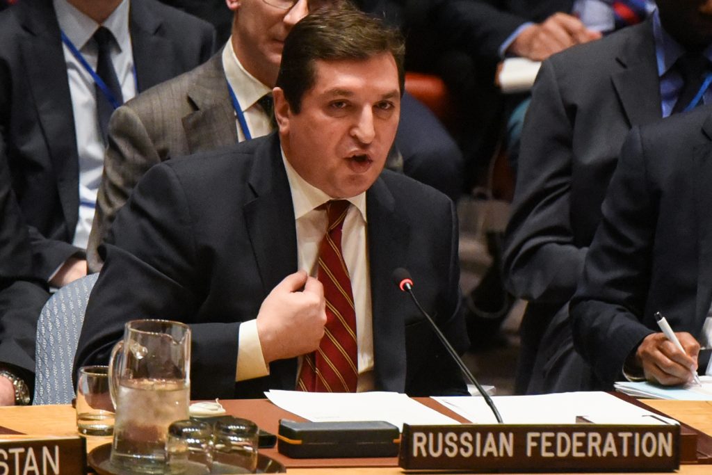 Russia's deputy U.N. envoy Vladimir Safronkov delivers remarks during the April 7 Security Council meeting on the situatio...