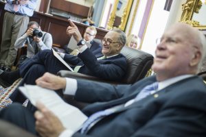 UNITED STATES - MAY 1: Sen. Patrick Leahy, D-Vt., right, ranking member of the Senate Appropriations Committee, and Senate Minority Leader Charles Schumer, D-N.Y., conduct a news conference in the Capitol's Senate press gallery on the bipartisan agreement to fund the government on May 1, 2017. (Photo By Tom Williams/CQ Roll Call)