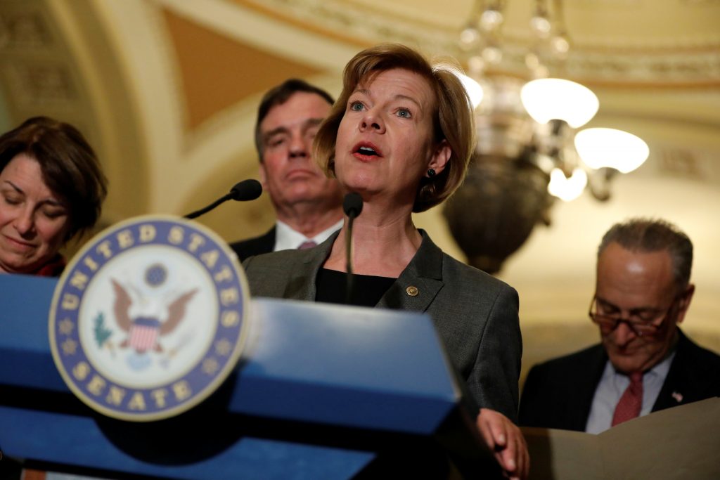 Senator Tammy Baldwin (D-WI) speaks with the media following the Democratic policy luncheon on Capitol Hill in Washington