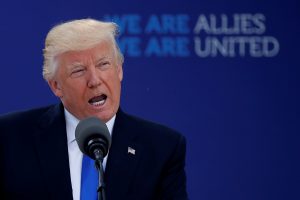 U.S. President Donald Trump delivers remarks at the start of the NATO summit at their new headquarters in Brussels, Belgium, May 25, 2017. REUTERS/Jonathan Ernst - RTX37MLB