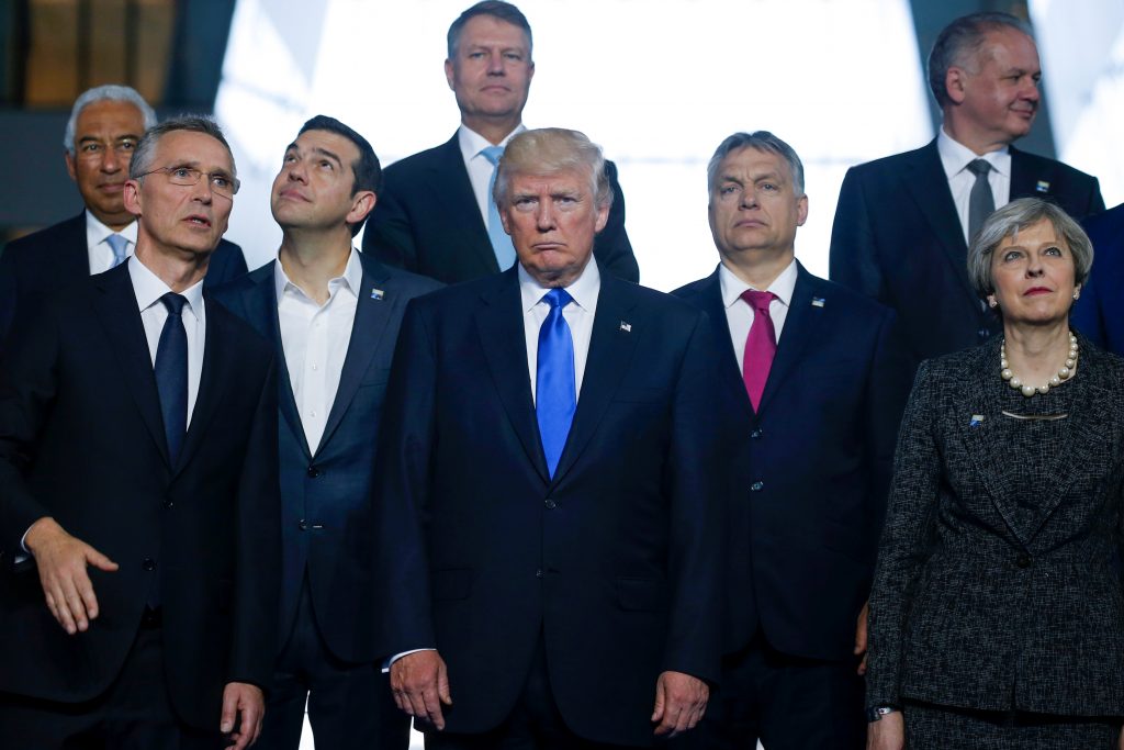Portuguese PM Costa, NATO Secretary General Stoltenberg, Greek PM Tsipras, U.S. President Trump, Hungarian PM Orban and Br...