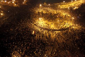 A general view shows Tahrir Square as Egyptian riot policemen try to disperse protesters in Cairo