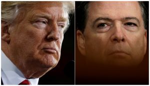 President Donald Trump (L) speaks in Ypilanti Township, Michigan, in March and FBI Director James Comey testifies in D.C. before a Senate Judiciary Committee hearing in May in a combination of file photos. Photos by Jonathan Ernst and Kevin Lamarque/Reuters