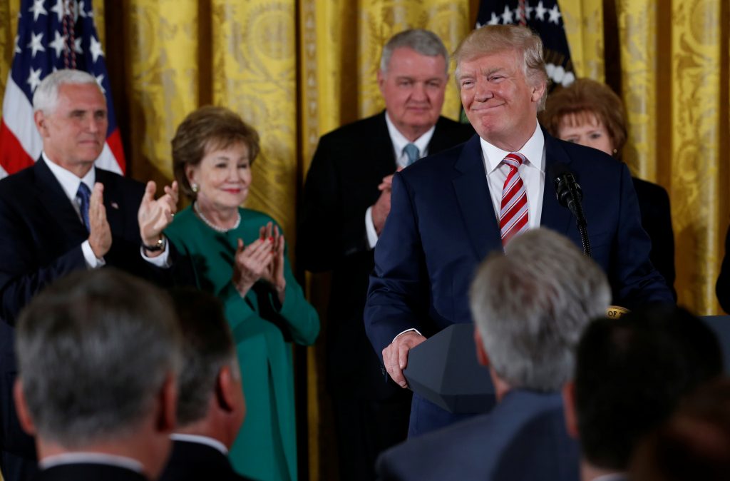 President Donald Trump announces his initiative on air traffic control in the United States from the East Room of the Whit...