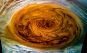 Color processed photo of the great red spot taken by the JunoCam. Photo by Carlos Galeano -Cosmonautika