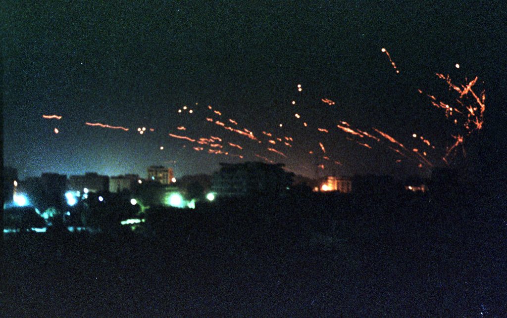 File photo of Iraqi anti-aircraft fire and tracer flares lighting up the sky above downtown Baghdad Jan. 17, 1991, as U.S....