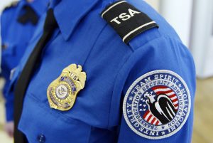 A Transportation Security Administration arm patch and shield is seen at Los Angeles International Airport