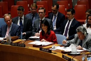 U.S. Ambassador to the United Nations Nikki Haley addresses the U.N. Security Council as it meets to discuss the recent ballistic missile launch by North Korea at U.N. headquarters in New York, U.S., July 5, 2017. REUTERS/Mike Segar TPX IMAGES OF THE DAY - RTX3A70D