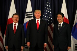 U.S. President Donald Trump meets South Korea's President Moon Jae-In and Japanese Prime Minister Shinzo Abe ahead the G20 leaders summit in Hamburg
