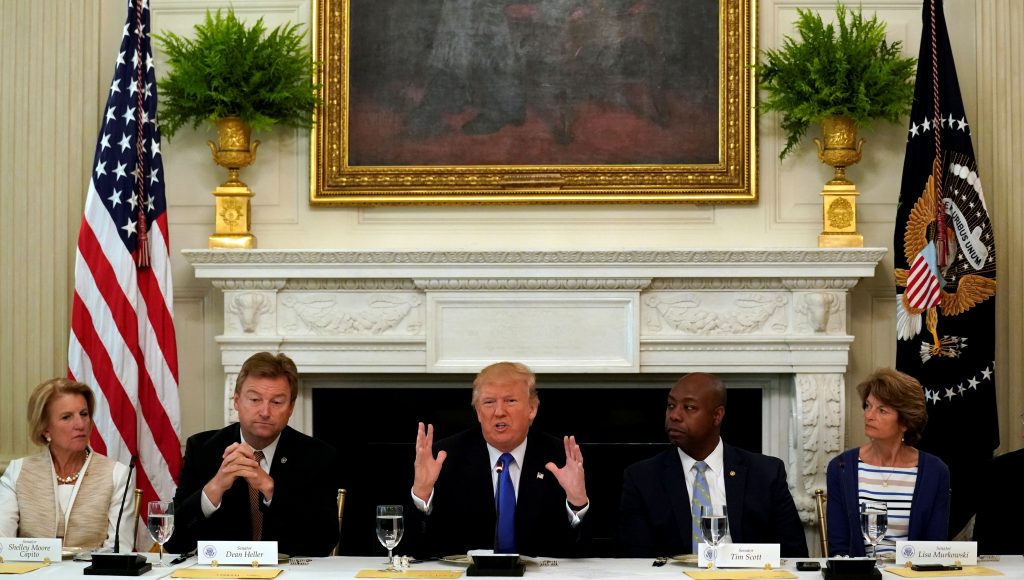 U.S. President Donald Trump speaks during a lunch meeting with Senate Republicans to discuss healthcare at the White House...