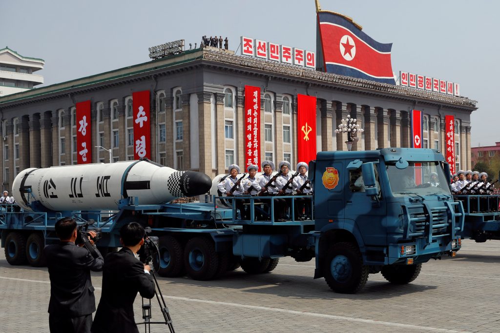 A North Korean navy truck carries the 'Pukkuksong' submarine-launched ballistic missile (SLBM) during a military parade ma...