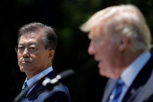 U.S. President Donald Trump (R) and South Korean President Moon Jae-in deliver a joint statement from the Rose Garden of the White House in Washington, U.S.