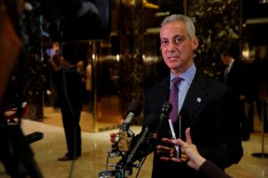 FILE PHOTO - Chicago Mayor Rahm Emanuel speaks with media after meeting with U.S. President-elect Donald Trump at Trump Tower in Manhattan, New York City, U.S. on December 7, 2016. REUTERS/Andrew Kelly/File Photo - RTS1ANNI